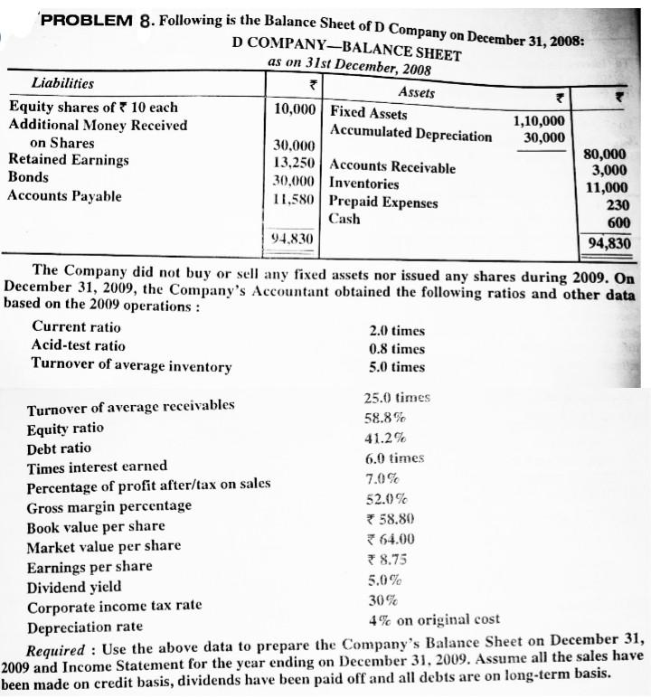 Solved PROBLEM 8. Following is the Balance Sheet of D | Chegg.com