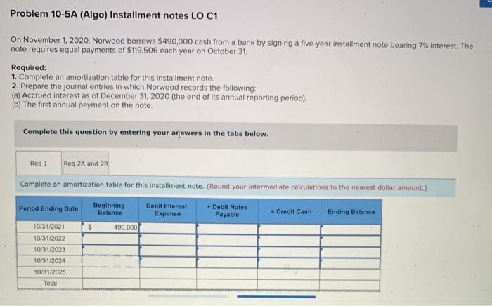 Solved Problem 10-5A (Algo) Installment Notes LO C1 On | Chegg.com