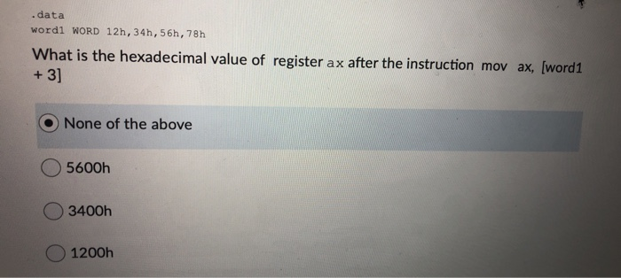 Solved Question 8 (4 points) Saved .data word1 WORD 12h, | Chegg.com