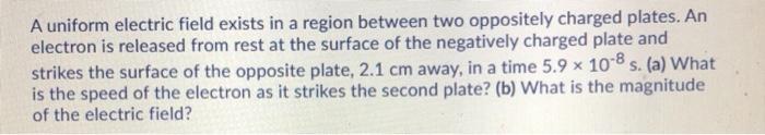 Solved A uniform electric field exists in a region between | Chegg.com