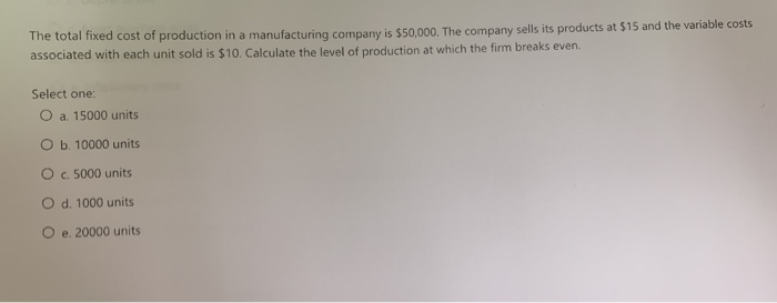 Solved The Total Fixed Cost Of Production In A Manufacturing | Chegg.com