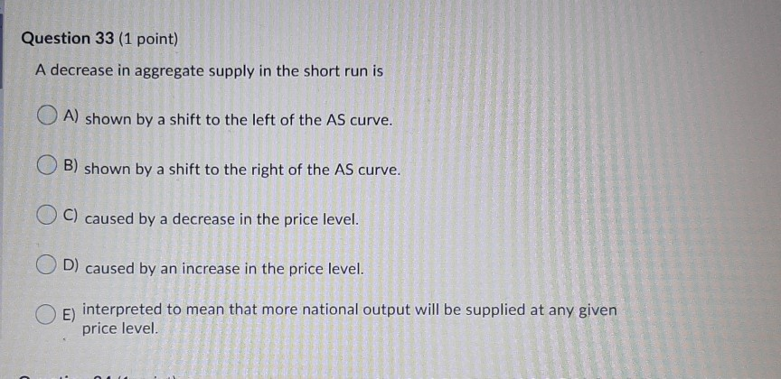 Solved Question 33 (1 point) A decrease in aggregate supply | Chegg.com