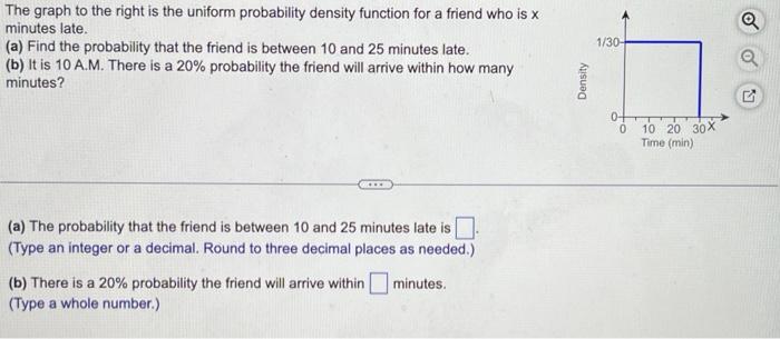 The graph to the right is the uniform probability density function for a friend who is \( \mathrm{x} \) minutes late.
(a) Fin