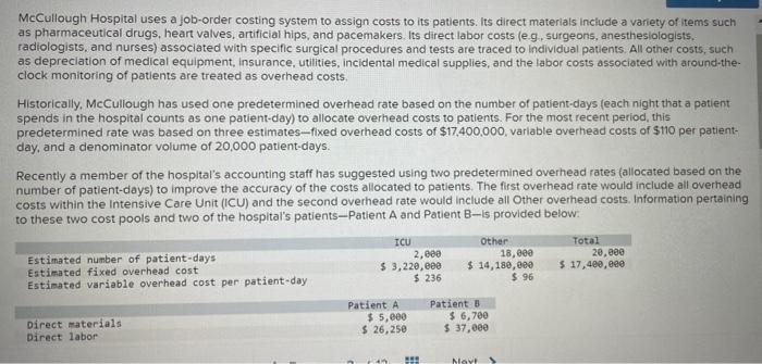 McCullough Hospital Uses A Job-order Costing System | Chegg.com