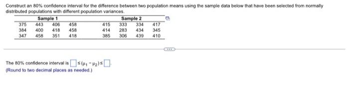 Solved Construct an 80% confidence interval for the | Chegg.com