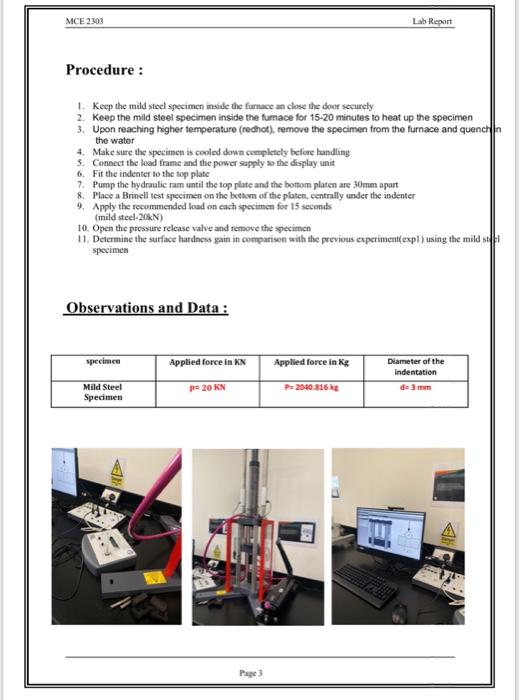 Solved MCE 2303 Lab Report Heat treatment and hardness test