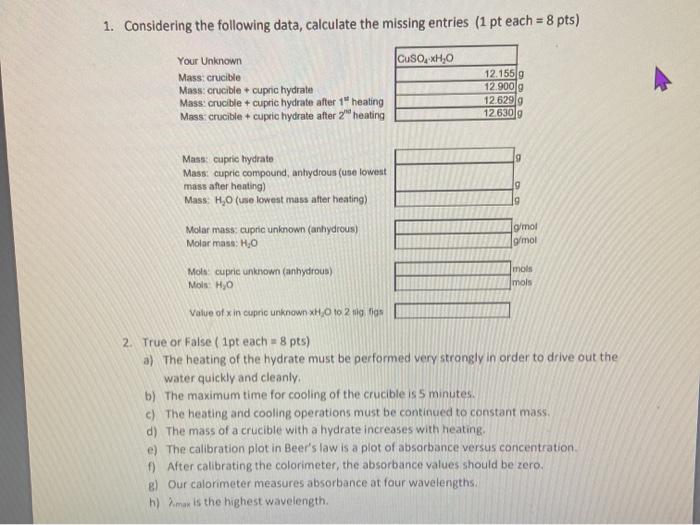 Solved 1. Considering The Following Data, Calculate The | Chegg.com