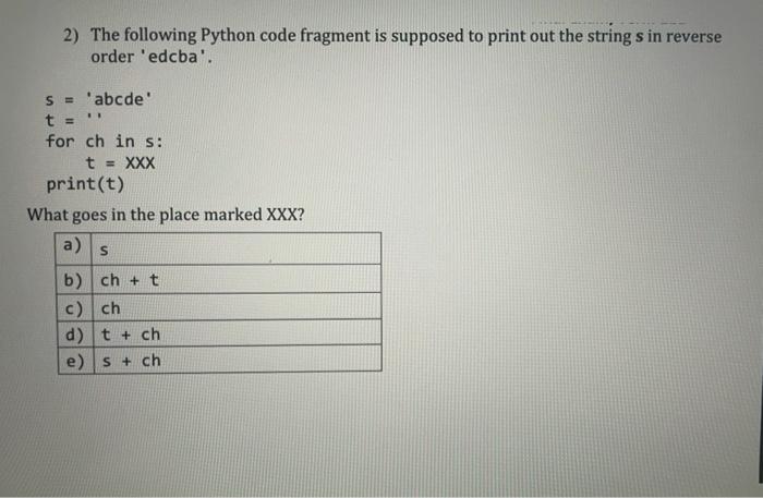 Solved 2) The following Python code fragment is supposed to | Chegg.com