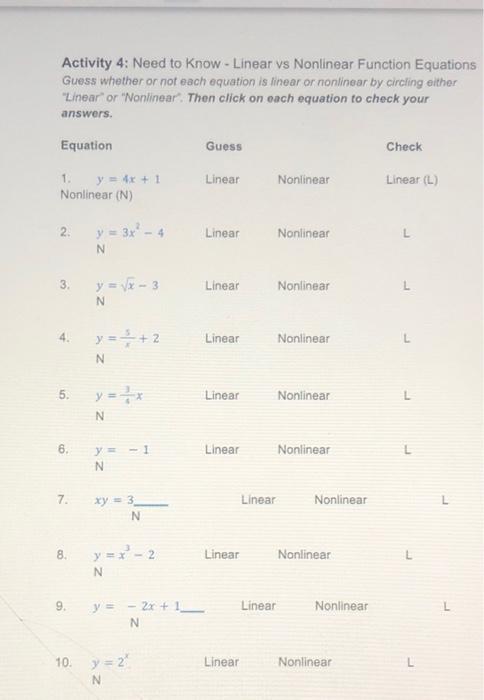 Solved Activity 4: Need to Know - Linear vs Nonlinear | Chegg.com