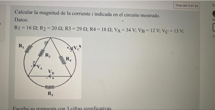 Calcular la magnitud de la corriente \( i \) indicada en el circuito mostrado. Datos: \[ \mathrm{R}_{1}=16 \Omega ; \mathrm{R