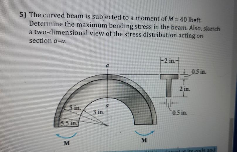 Solved 5) The curved beam is subjected to a moment of M = 40 | Chegg.com