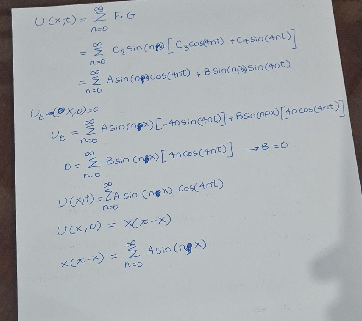 \( \begin{array}{l} U(x, t)=\sum_{n=0}^{\infty} F \cdot G \\ =\sum_{n=0}^{\infty} C_{2} \sin \left(n p_{2}\right)\left[C_{3} 