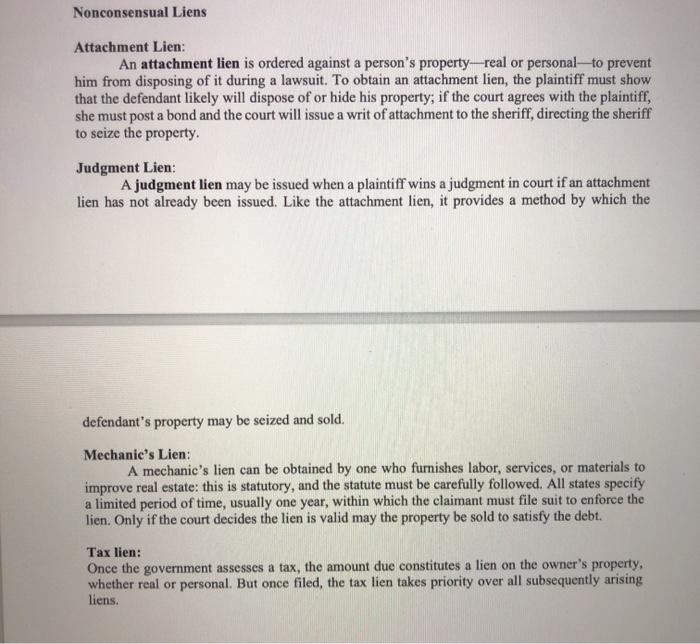 Solved law Explain what nonconsensual liens are and provide