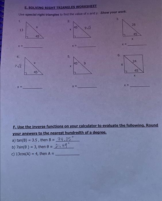 Solved E. SOLVING RIGHT TRIANGLES WORKSHEET Use special | Chegg.com