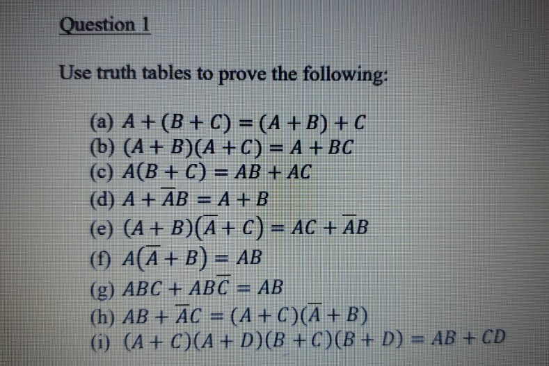 Solved Question 1 Use truth tables to prove the following: | Chegg.com