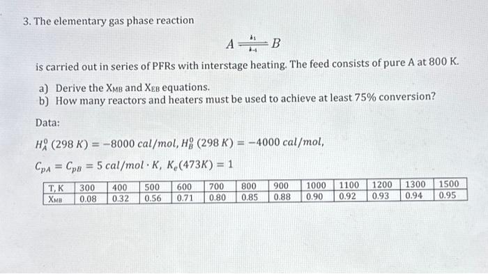 Solved The elementary gas phase reaction A B is carried out | Chegg.com