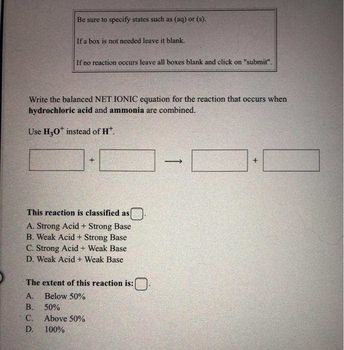 Solved Types of Acid/Base Reactions 1. Strong Acid + Strong | Chegg.com