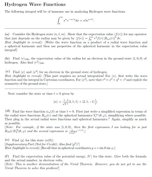 Solved Hydrogen Wave Functions The following integral will | Chegg.com