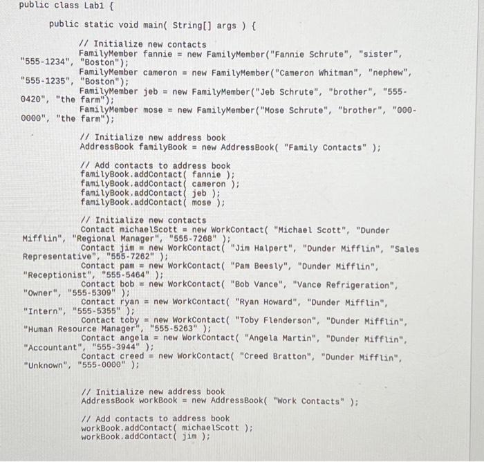 workBook.addContact ( pam ); workBook.addContact ( | Chegg.com
