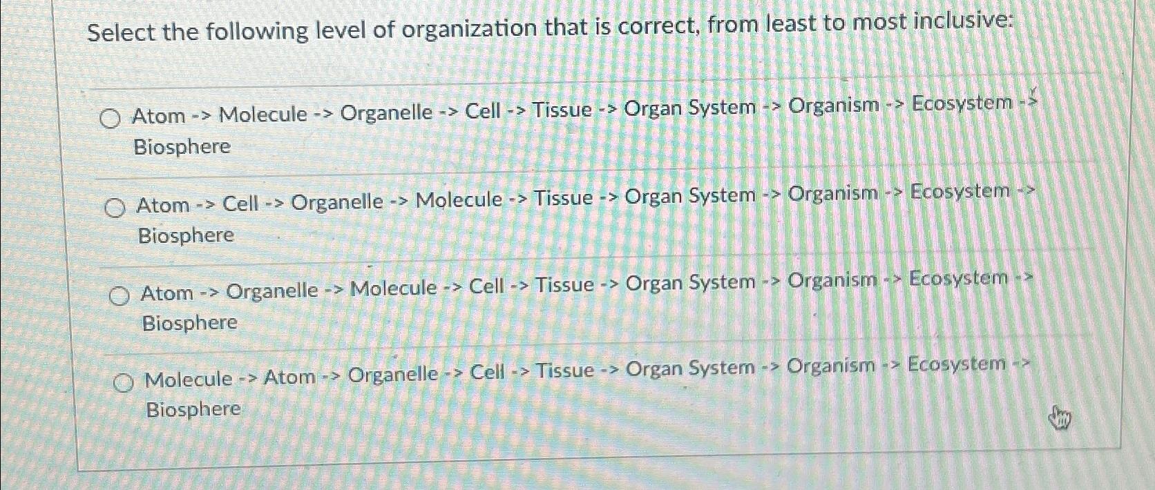 Solved Select the following level of organization that is | Chegg.com