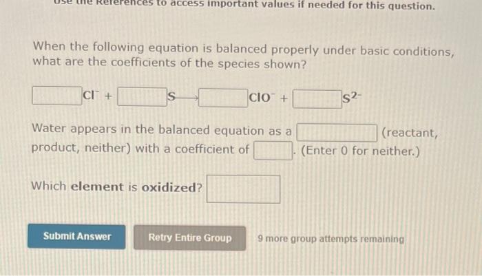 When the following equation is balanced properly under basic conditions,
what are the coefficients of the species shown?
CI +