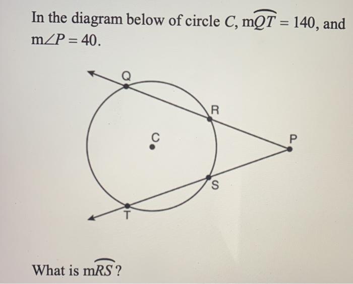Solved In the diagram below of circle C, mQT = 140, and mZP= | Chegg.com