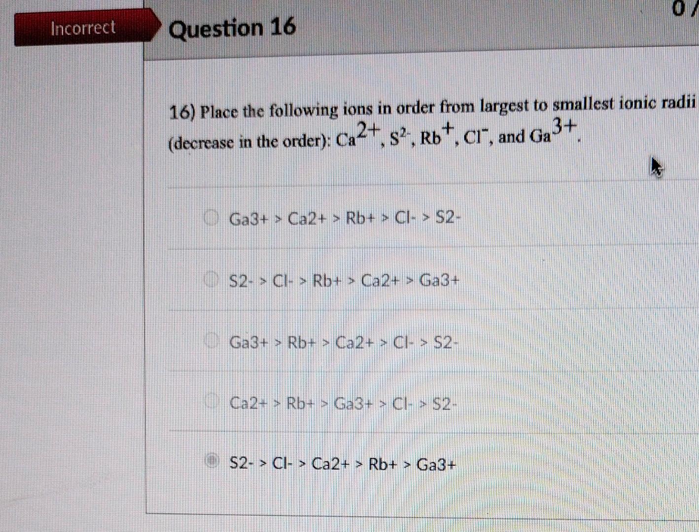 Solved 01 Incorrect Question 16 16) Place the following ions | Chegg