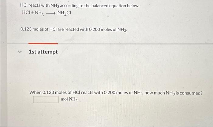 Solved HCI reacts with NH3 according to the balanced | Chegg.com