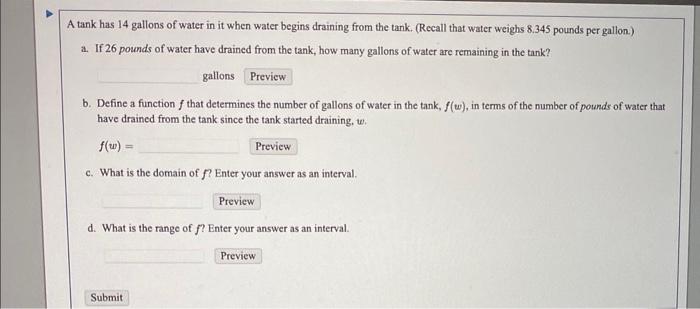 Solved A tank has 14 gallons of water in it when water | Chegg.com