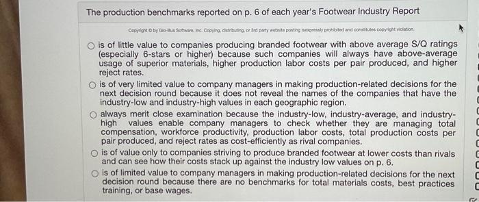 Solved The production benchmarks reported on p. 6 of each | Chegg.com