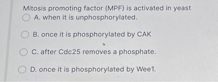 Solved Mitosis promoting factor (MPF) is activated in yeast Biology Diagrams