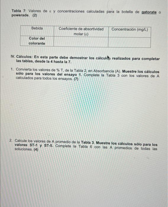 Tabla 7: Valores de \& y concentraciones calculadas para la botella de gatorate o powerade. (2) IV. Cálculos: En esta parte