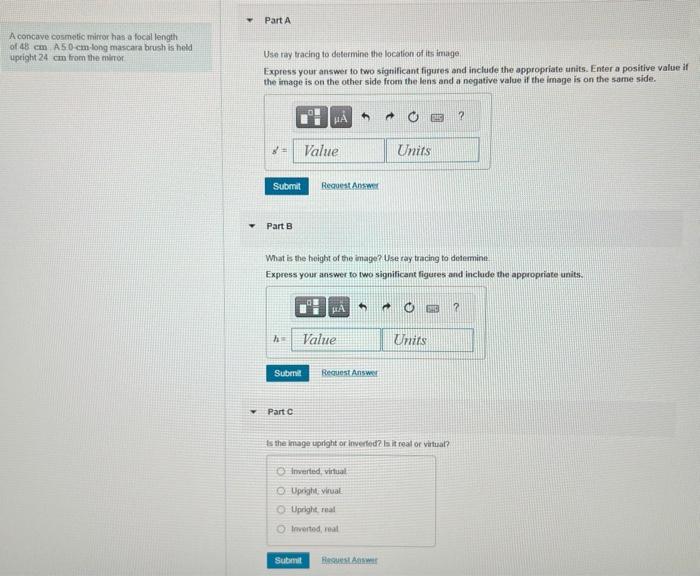 A concave cosmetic mirror has a focal length of 48 cm