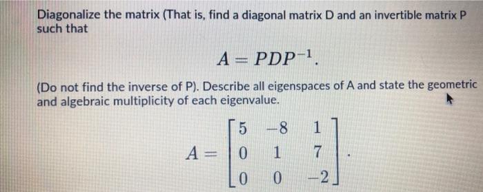Solved Diagonalize the matrix (That is, find a diagonal | Chegg.com