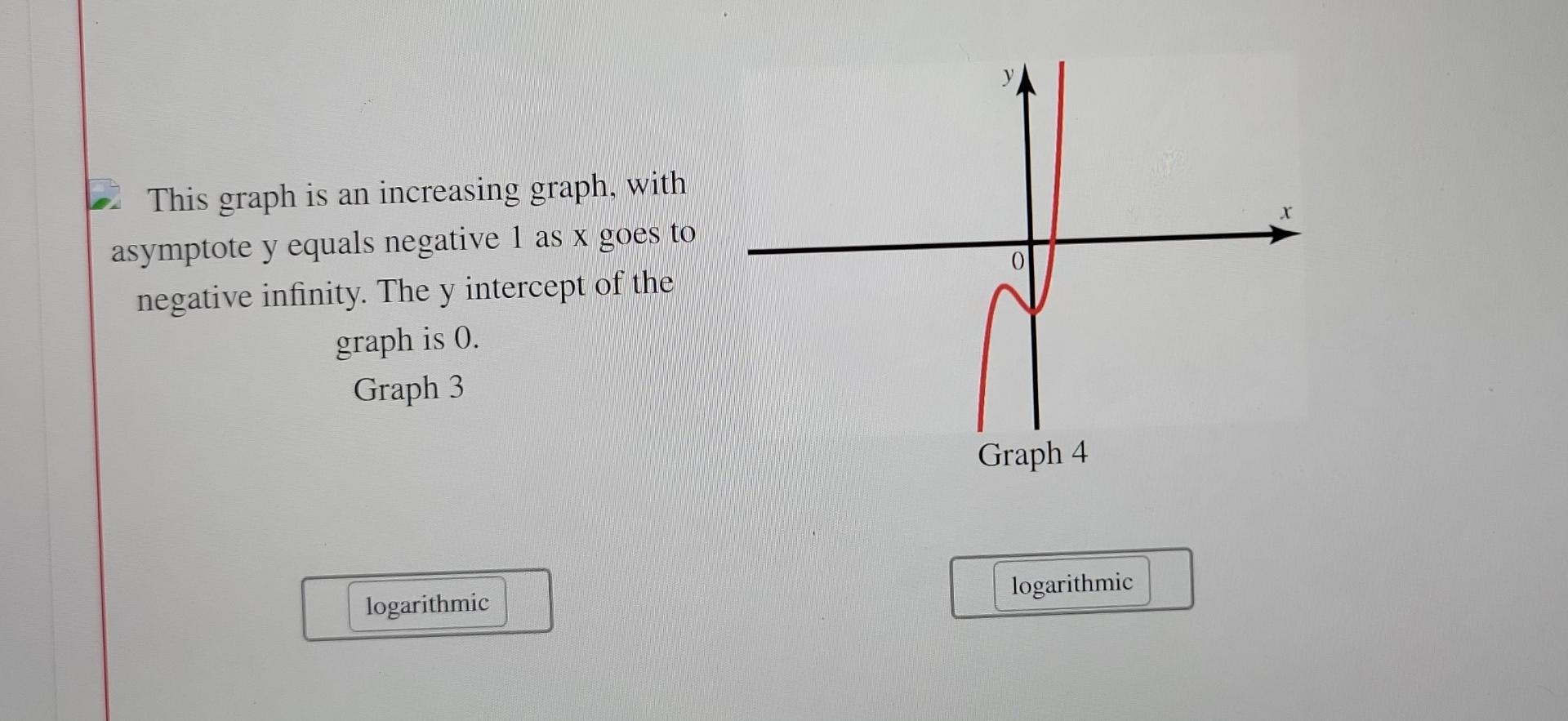 This graph is an increasing graph, with
asymptote y equals negative 1 as x goes to
negative infinity. The y intercept of the
