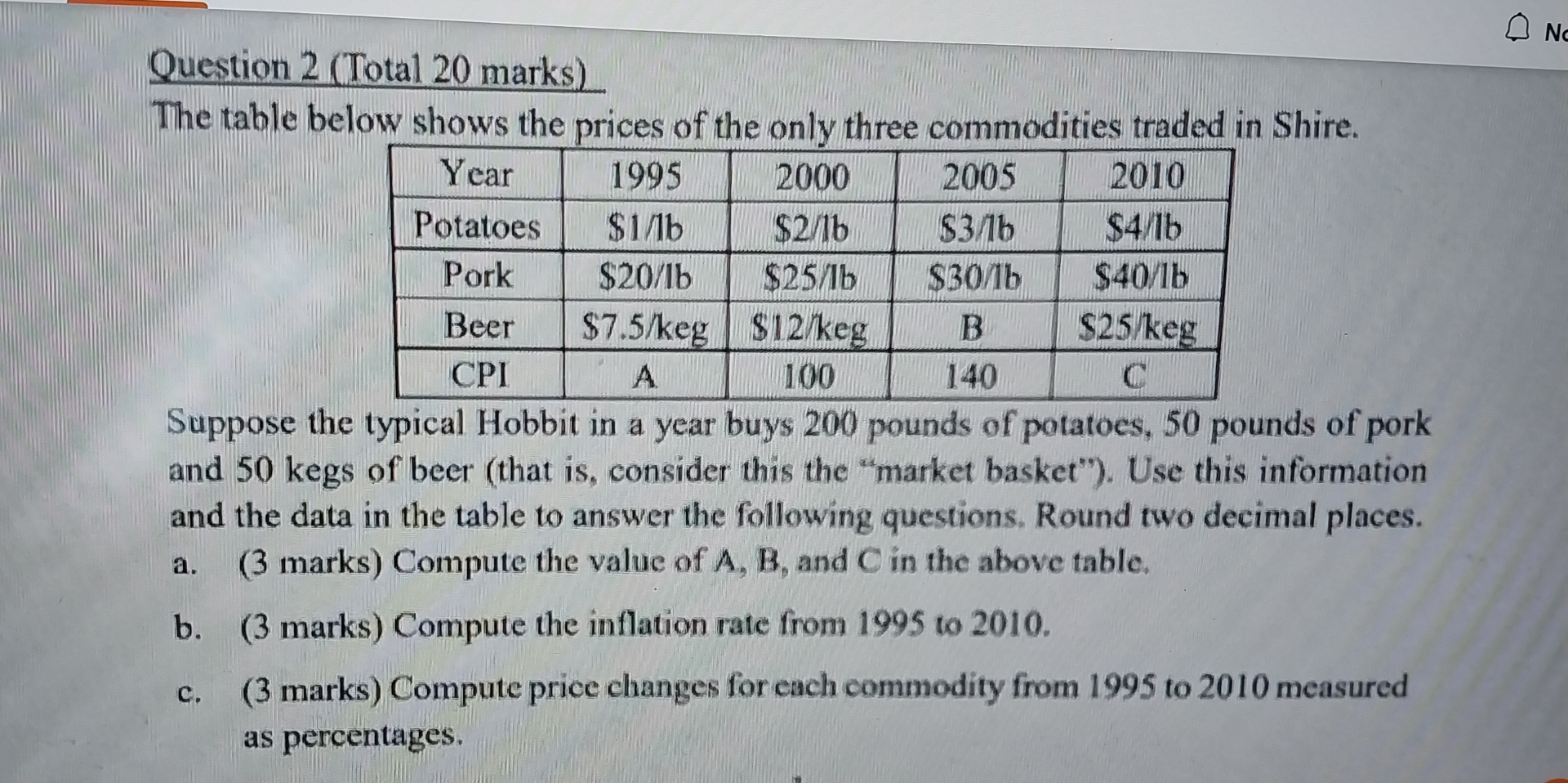Solved Question 2 (Total 20 ﻿marks)The table below shows the | Chegg.com