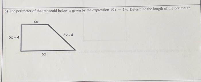 Solved 3) The perimeter of the trapezoid below is given by | Chegg.com