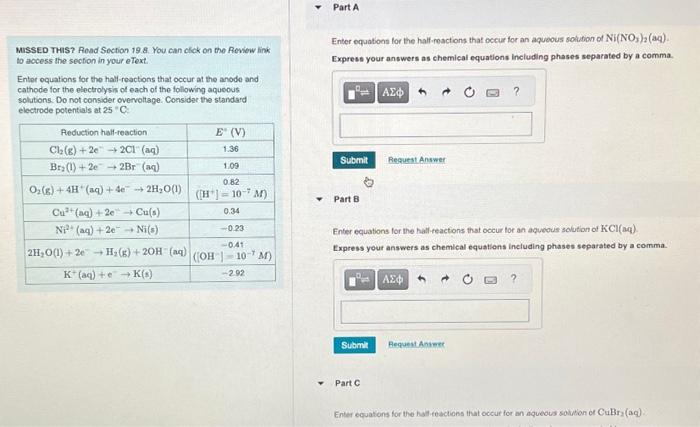 Solved Enter equations for the half-reactions that occur for | Chegg.com