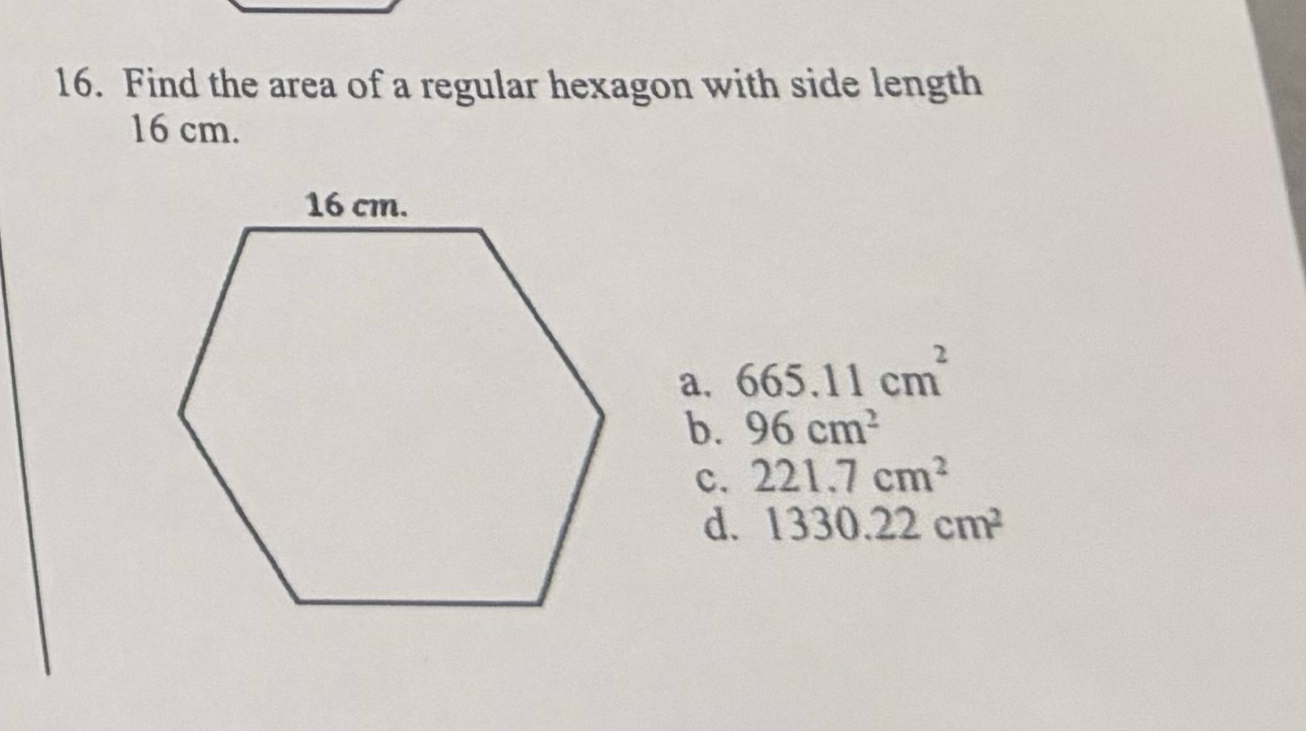 find the area of a regular hexagon with side length 6 cm