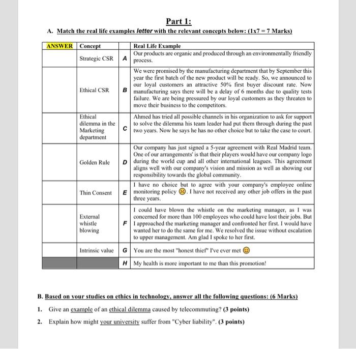 Part 1: B. Based On Your Studies On Ethics In | Chegg.com