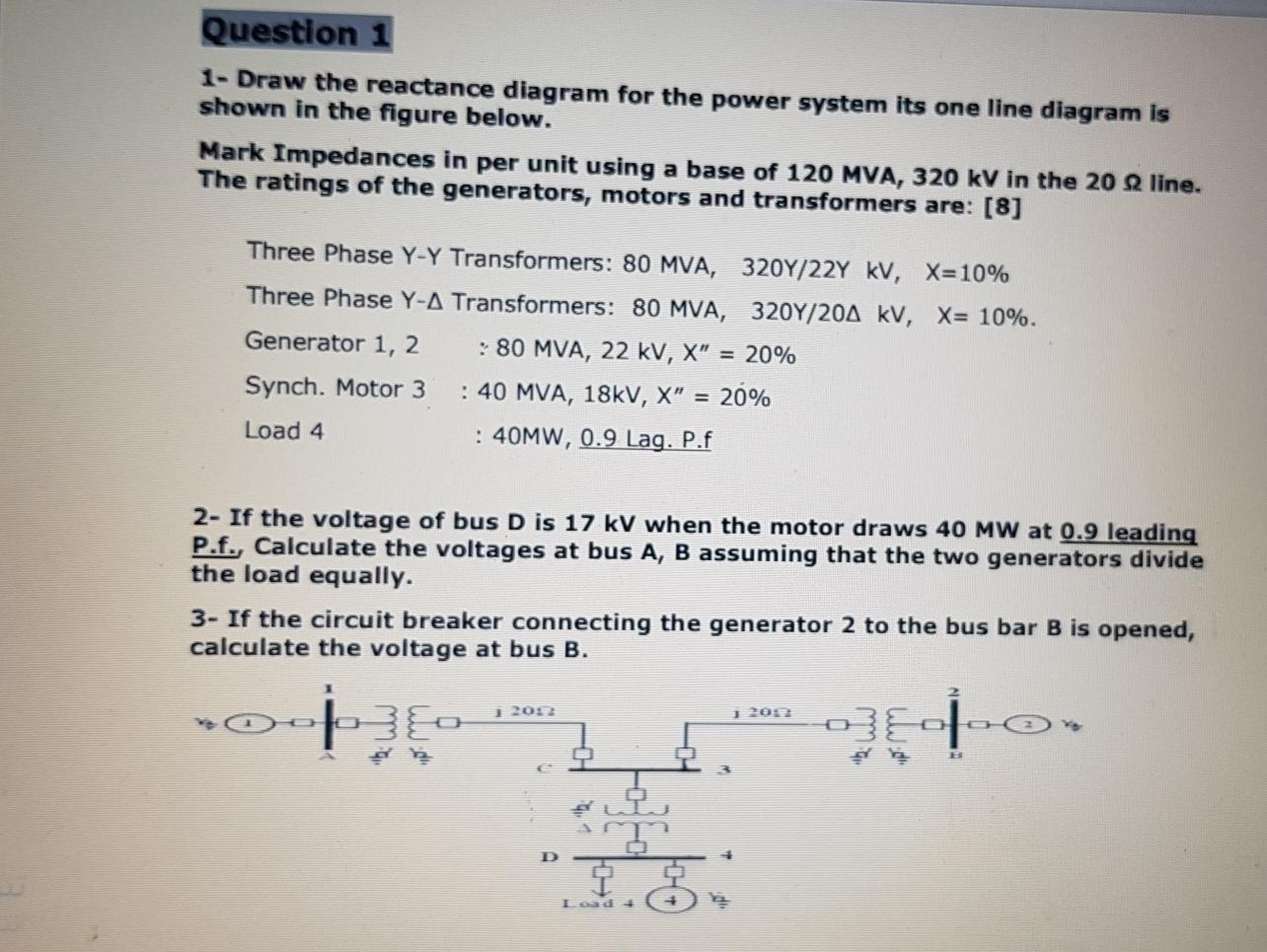 Solved Question 1 1- Draw the reactance diagram for the | Chegg.com