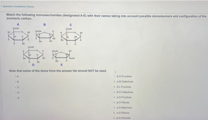 Solved Match The Following Monosaccharides (designated A-E) | Chegg.com