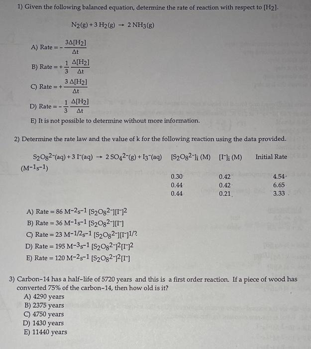 Solved 1) Given the following balanced equation, determine