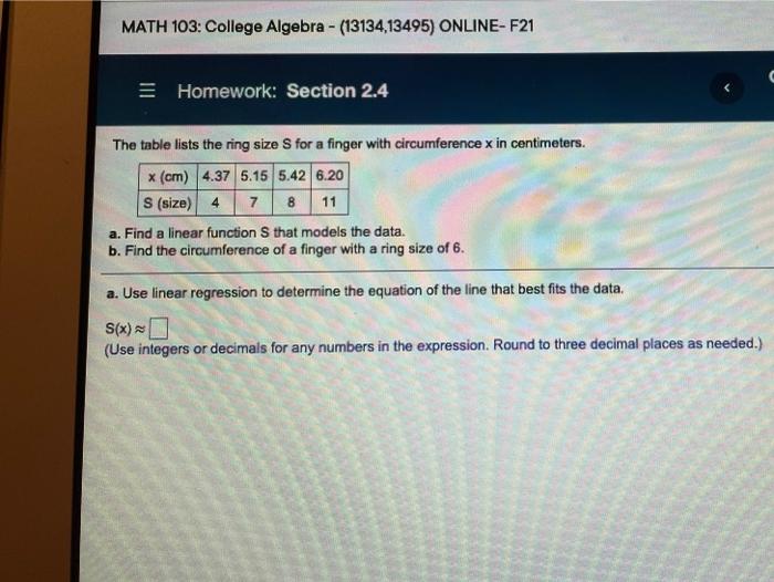 Solved MATH 103: College Algebra - (13134,13495) ONLINE-F21 | Chegg.com