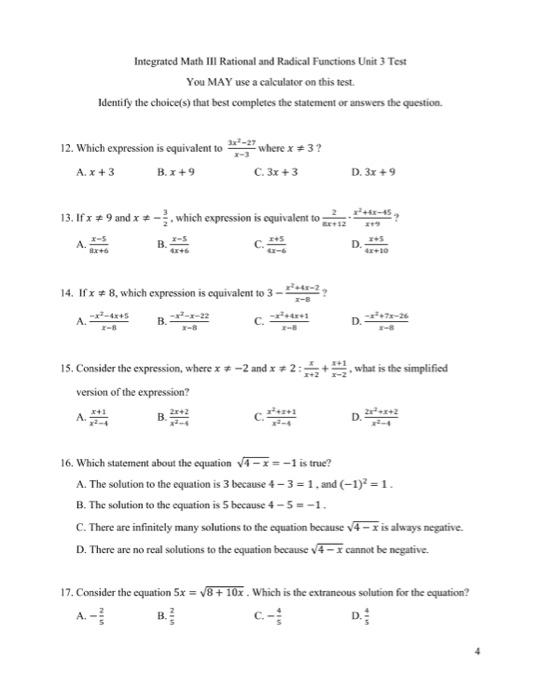 Solved Integrated Math III Rational and Radical Functions | Chegg.com