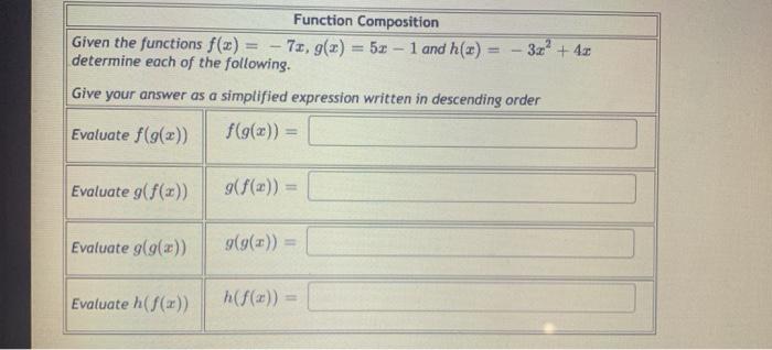 Solved Function Composition Given the functions f(x) = -71, | Chegg.com