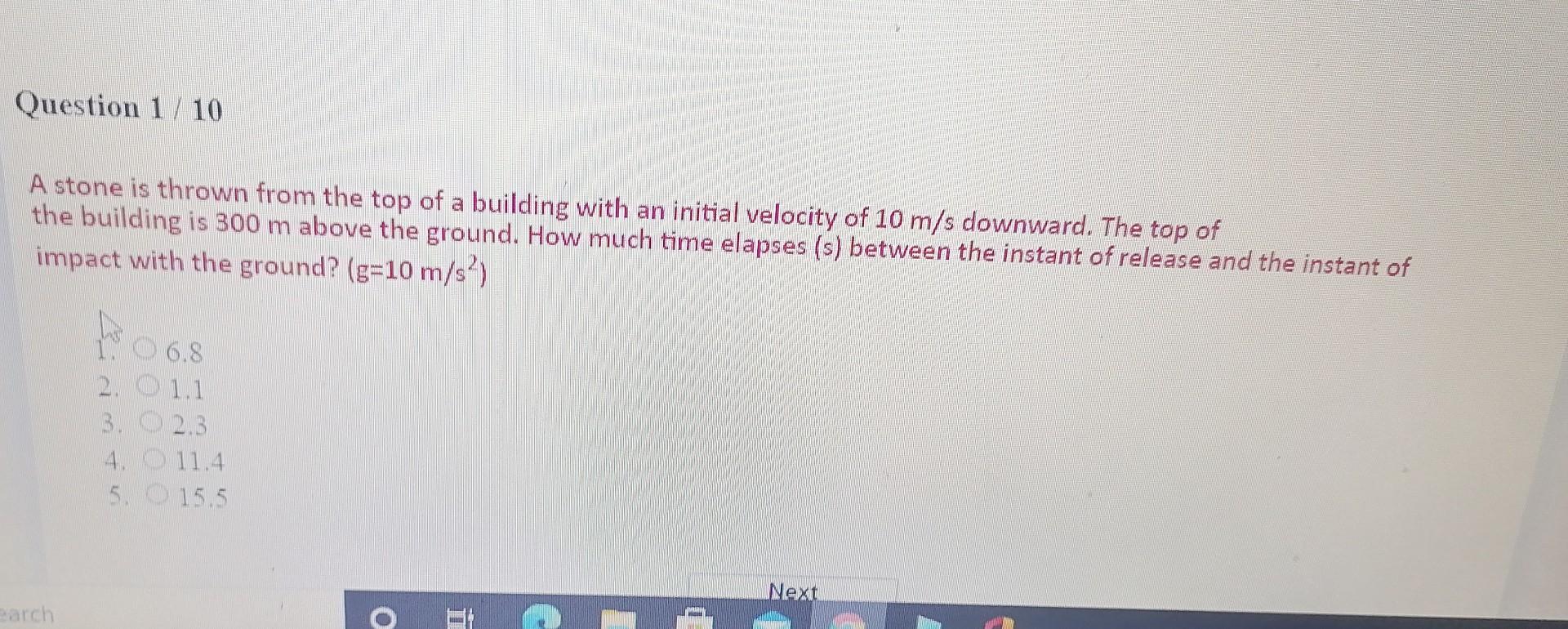 Solved Question 1 / 10 www. A stone is thrown from the top | Chegg.com
