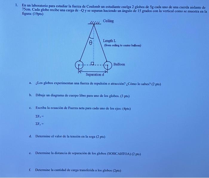 En un laboratorio para estudiar la fuerza de Coulomb un estudiante cuelga 2 globos de \( 5 \mathrm{~g} \) cada uno de una cue