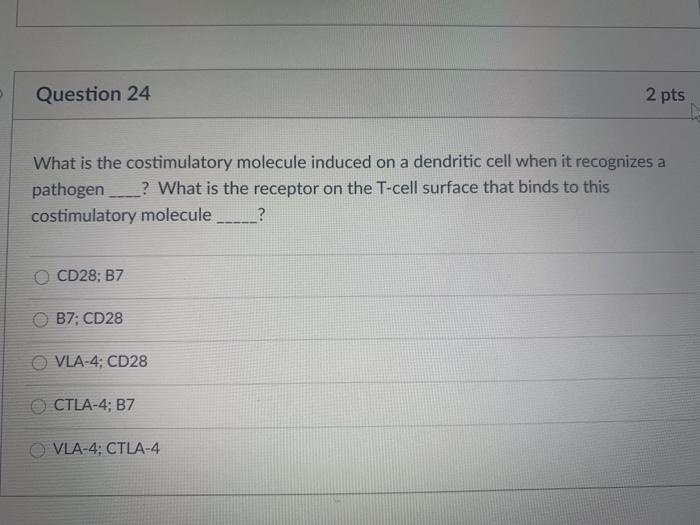 Question 24 2 pts What is the costimulatory molecule induced on a dendritic cell when it recognizes a pathogen ? What is the
