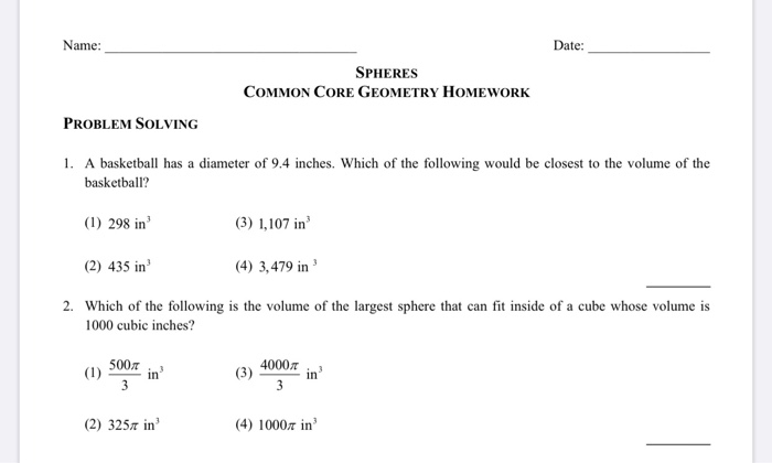 spheres common core geometry homework